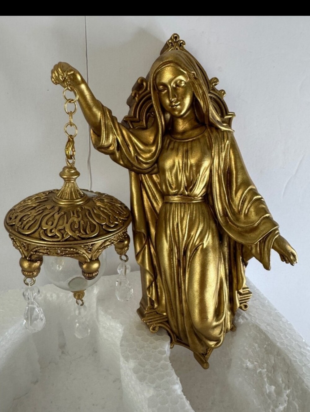 Vintage Gold Tone Religious Wall Hanging Virgin Mary Statue
